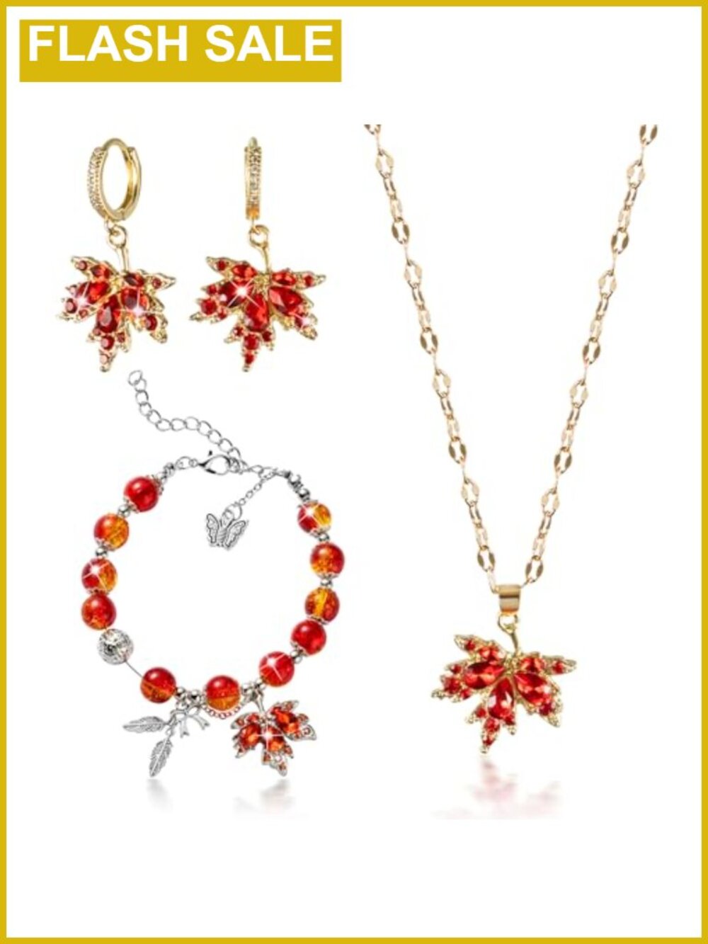 Rhinestone Maple Leaf Jewelry Set Necklace Earrings Bracelet Fall Gift
